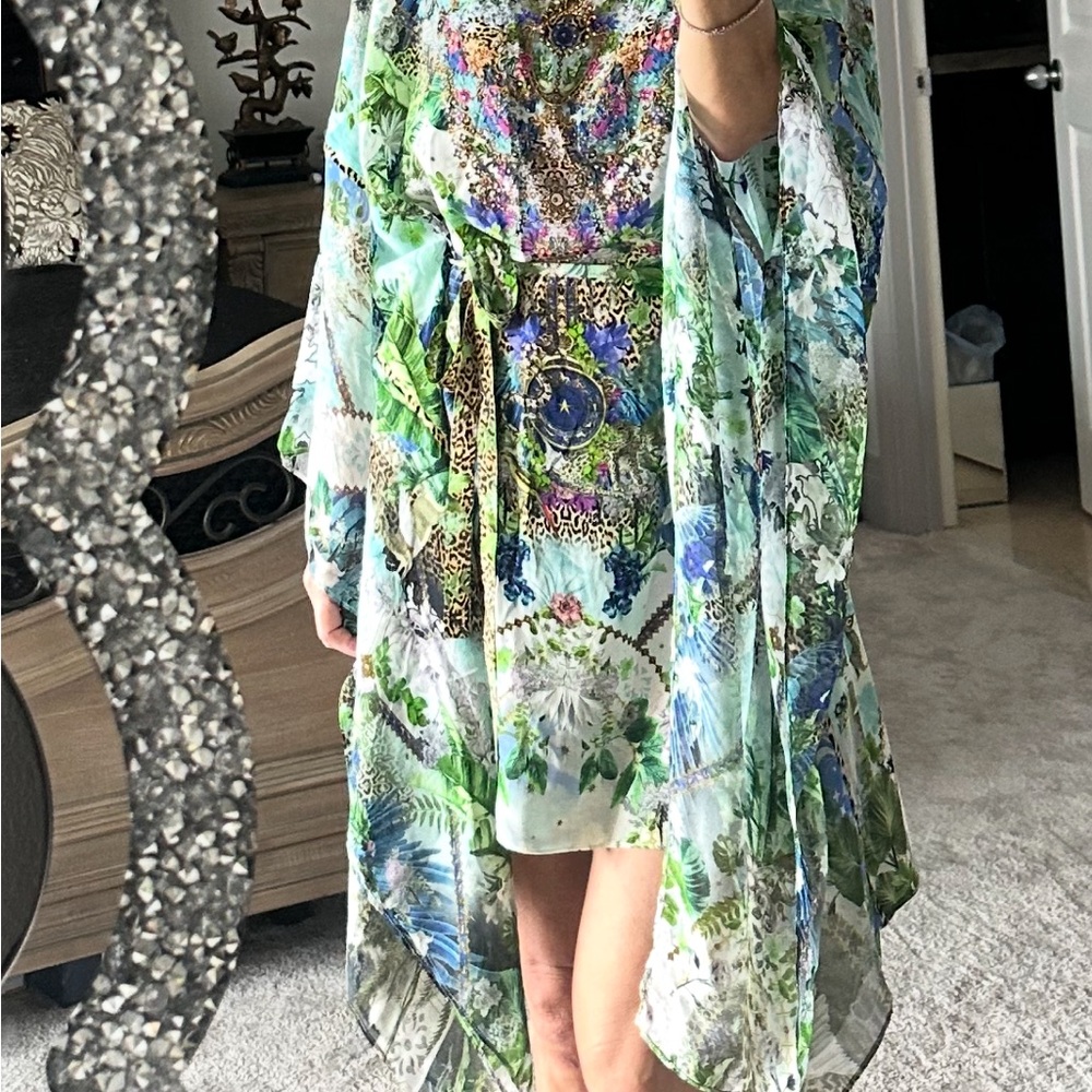 Camilla Moon Garden Sheer Kaftan with Green and Purple Hues